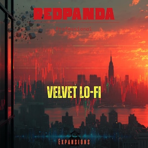May include: Digital album cover with a cityscape silhouette under a fiery red and orange sky. The text "REDPANDA" and "Professional" are at the top, with "VELVET LO-FI" in yellow below. "EXPANSIONS" is at the bottom.
