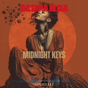 May include: An artistic image featuring a woman in a flowing, rust-colored dress, with the text "RED PANDA" and "MIDNIGHT KEYS" in bold lettering. The background is a warm orange with geometric shapes.