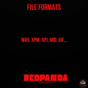 May include: Black background with red text that reads "FILE FORMATS". Below, the text lists file formats: WAV, XPM, XPJ, MID, AIF... The Redpanda Professional logo is at the bottom, with a panda illustration.
