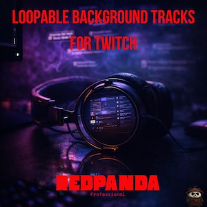 Puede incluir: Auriculares oscuros con una pantalla que muestra una interfaz de usuario, sobre un fondo borroso con el texto "LOOPABLE BACKGROUND TRACKS FOR TWITCH". La palabra "REDPANDA" se muestra en rojo, con "Professional" debajo.