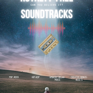 以下が含まれることがあります： UFO の上にレトロなカセットテープが空中に浮かんでいます。 「ROYALTY-FREE」と「SOUNDTRACKS」のテキストが白い文字で表示されています。「CAN YOU BELIEVE IT?」のテキストが、より小さな白い文字で表示されています。画像は、星が輝く夜空を背景に、手前に草地が置かれています。「POP, ROCK」、「HIP-HOP」、「AMBIENT-RELAX-MIXES」、「CREATIVE BONUS-ASSETS」のテキストが、白い文字で画像の下に表示されています。「THIS MASSIVE BUNDLE INCLUDES HIGH-QUALITY, ROYALTY-FREE MUSIC, STOCK AUDIO, AND PRODUCTION TRACKS THAT YOU NEED AS BACKGROUND FOR ANY VIDEO, YOUTUBE UPLOAD, OR CREATIVE PROJECT.」のテキストが、白い文字で画像の下部に表示されています。