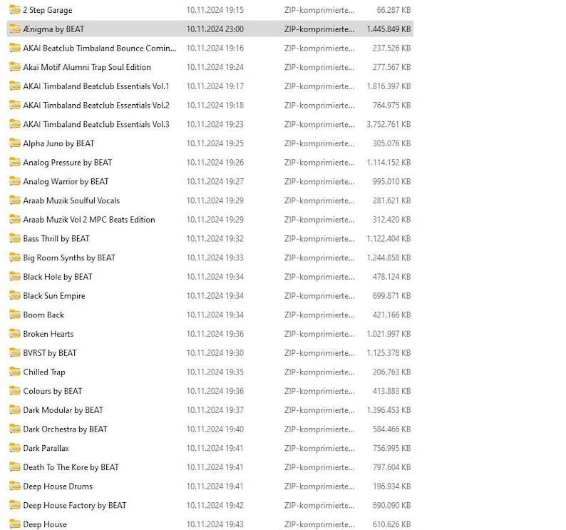 May include: A screenshot of a file directory with various audio files, including titles like "2 Step Garage" and "&AElig;nigma by BEAT." The files are listed with dates, times, and file sizes, indicating they are likely music production assets.