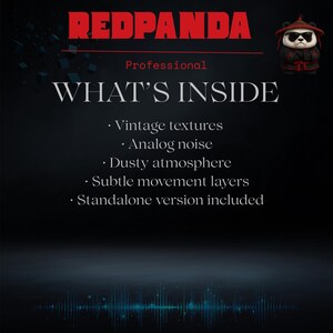 May include: A black graphic with the text "REDPANDA" in red, "Professional" in white, and "WHAT'S INSIDE" in white. The text lists features like "Vintage textures" and "Analog noise." A cartoon panda wearing sunglasses is in the upper right.