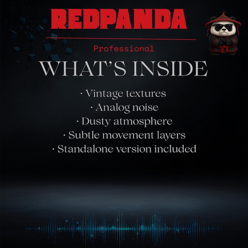 May include: A black graphic with the text "REDPANDA" in red, "Professional" in white, and "WHAT'S INSIDE" in white. The text lists features like "Vintage textures" and "Analog noise." A cartoon panda wearing sunglasses is in the upper right.