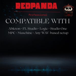 May include: Black background with the red text "REDPANDA" at the top. Below, the text "Professional" and "COMPATIBLE WITH" are in white. The image lists software compatibility: Ableton, FL Studio, Logic, Studio One, MPC, Maschine, and any WAV-based setup.