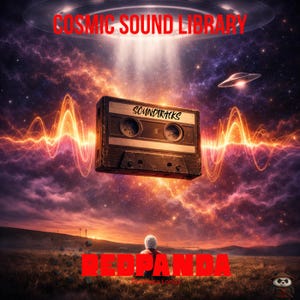 May include: An artistic digital image featuring a cassette tape labeled "Soundtracks" floating in a cosmic scene. The image includes the text "COSMIC SOUND LIBRARY" and "REDPANDA". The background features a UFO, energy waves, and a person looking at the sky.