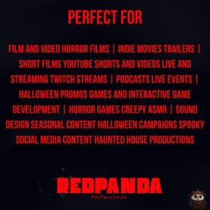 Puede incluir: Fondo oscuro con texto rojo que dice "PERFECT FOR" seguido de una lista de servicios para pel&iacute;culas de terror, streaming y contenido de Halloween. El logotipo de Redpanda est&aacute; en la parte inferior.