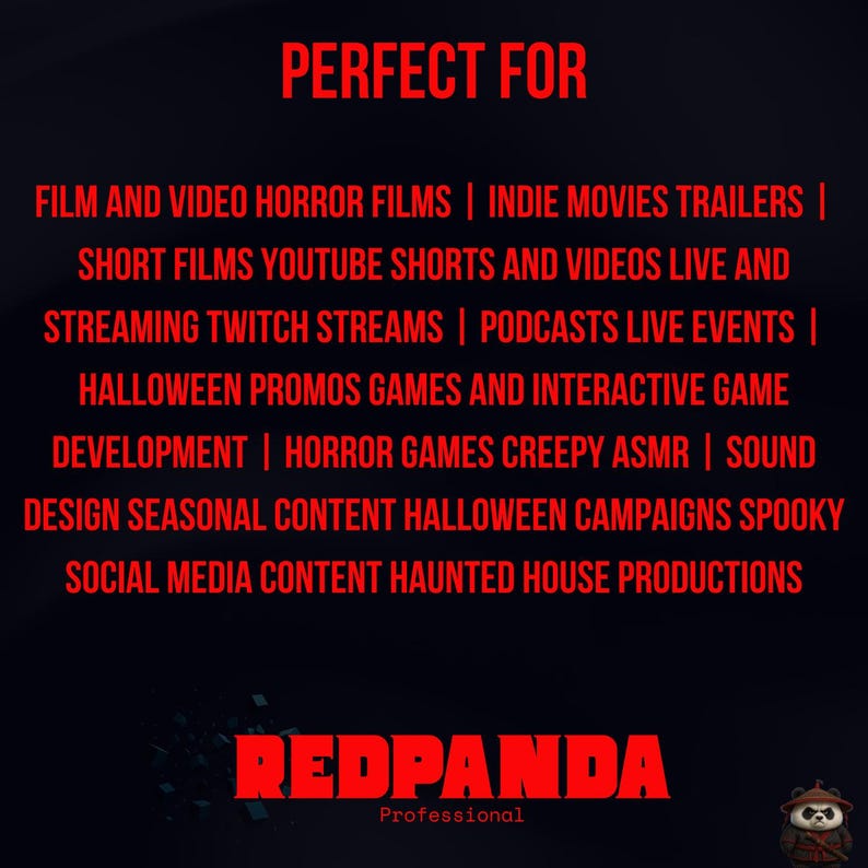 Puede incluir: Fondo oscuro con texto rojo que dice "PERFECT FOR" seguido de una lista de servicios para pel&iacute;culas de terror, streaming y contenido de Halloween. El logotipo de Redpanda est&aacute; en la parte inferior.
