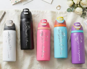 Personalized Birth Flower Water Bottle with Name, Engraved Bottle, Mother’s Day Gift, Bridesmaid & Team Gift