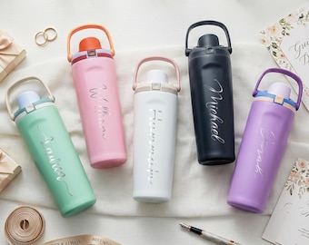 Botella de agua personalizada con nombre y asa, botella de agua grande, vaso térmico de acero inoxidable personalizado, regalos para damas de honor, recuerdo para despedida de soltera.