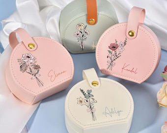 Joyero de viaje personalizado con flor de nacimiento, joyero personalizado, regalo de dama de honor, regalo de boda para ella