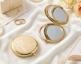 Espejo compacto personalizado con nombre, espejo de maquillaje de bolsillo dorado grabado, regalos para damas de honor, recuerdo de agradecimiento para bodas.