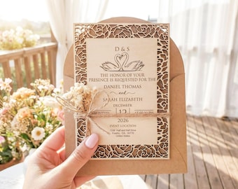 Invitaciones de boda de madera personalizadas, juego de invitaciones rústicas grabadas con láser, tarjetas 100 % de madera hechas a mano con sobres y pegatinas.