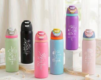 Botella de agua personalizada con la flor de nacimiento y el nombre, vaso para damas de honor, regalos para damas de honor, regalo para mamá, recuerdo de su despedida de soltera.