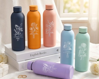Botella de agua personalizada con nombre y flor de nacimiento, vaso térmico de acero inoxidable personalizado, botella deportiva, regalo para damas de honor, regalo para la fiesta nupcial, regalo para mamá.
