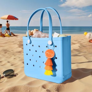 Custom Large Tote Bag, Beach Bag with Tassel, Waterproof Getaway Rubber Tote for Travel, Pool, Boat, Groceries, Sports, Gifts for Her