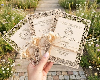 Invitaciones de boda rústicas de madera, personalizadas 100 % madera, elegantes tarjetas grabadas con láser y sobres.
