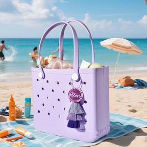 Custom Large Tote Bag, Beach Bag with Tassel, Waterproof Getaway Rubber Tote for Travel, Pool, Boat, Groceries, Sports, Gifts for Her