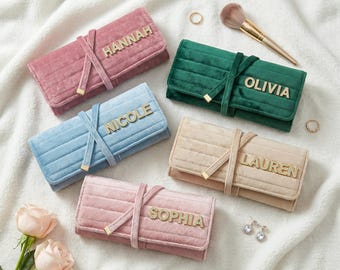 Rollo de joyería de terciopelo personalizado, rollo de joyería con monograma, regalo de boda, regalo de dama de honor, regalos de boda, regalos para ella, regalo del Día de la Madre