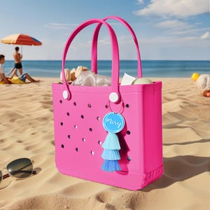 Personalized Tote Bag, Custom Beach Bag with Tassel, Waterproof Getaway Rubber Tote for Travel , Pool, Boat, Groceries, Sports
