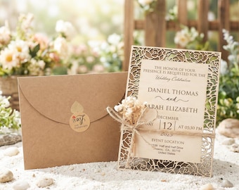 Invitaciones de boda de madera personalizadas, juego de invitaciones rústicas de madera, tarjetas grabadas con láser, hechas a mano 100 % madera, con sobres y pegatinas.