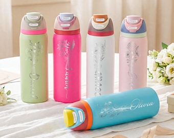Vaso personalizado con la flor de nacimiento, botella de agua con nombre grabado, botella isotérmica, regalos para damas de honor, regalo para la madrina, regalo para mamá