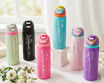 Botella de agua personalizada con la flor de nacimiento, vaso con nombre grabado a medida, regalos para damas de honor, regalo para la fiesta nupcial, regalo para mamá.