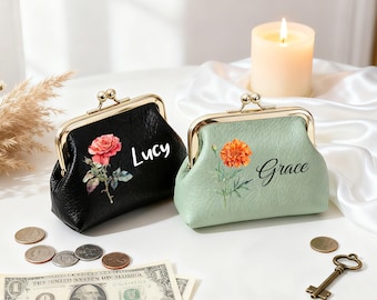 Monedero vintage personalizado con nombre, monedero floral con cierre de beso, minicartera personalizada, regalo para ella