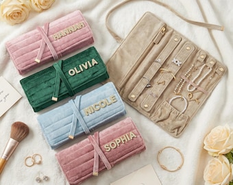 Bolsa de terciopelo personalizada para joyas, rollo de joyas con monograma, regalo de cumpleaños, regalos para ella, regalo del Día de la Madre, regalo de dama de honor, regalos de boda