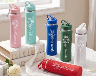 Botellas de agua personalizadas grabadas con la flor de nacimiento, vasos térmicos de acero inoxidable personalizados, regalos para damas de honor, regalos corporativos, botellas de agua al por mayor.