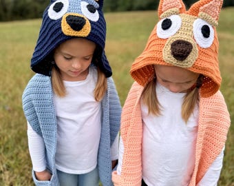 Blue/Red Heeler Hooded Scarf - CROCHET PATTERN (English Only) 1-3yrs, 4-6yrs, 7-12yrs (Bluey Inspired)