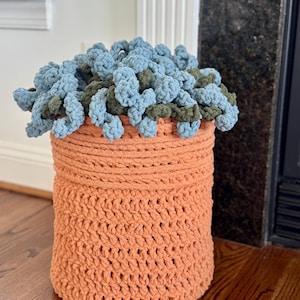 Puede incluir: Una cesta de crochet melocotón hecha a mano con un patrón de puntada texturizada. La cesta está llena de hilo en bucle azul y verde, creando un acento decorativo suave. Esta pieza única añade un toque de encanto hecho a mano a cualquier habitación.