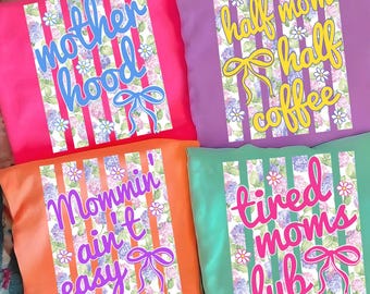 Pacote de PNGs com frases sobre a vida de mãe, design divertido para camiseta de mamãe, estampa floral retrô para sublimação (download digital)