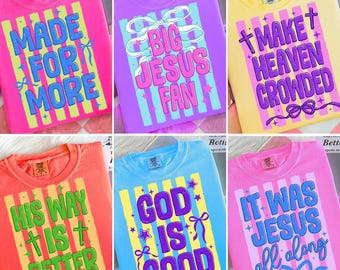 Pacote de PNGs com citações cristãs, designs retrô e coloridos para camisetas com estampas de Jesus, ideal para sublimação e download digital.