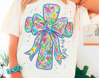 Ele Ressuscitou - Camiseta com Estampa Floral Cristã de Páscoa com Laço e Cruz PNG para Sublimação (Download Digital)