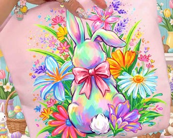 Estampa de coelhinho da Páscoa com laço floral para camiseta (download digital) em PNG