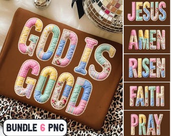 Pacote de letras PNG "Deus é Bom" em patchwork, alfabeto cristão para colcha de retalhos, citação de fé (download digital)