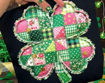 Patchwork de trevo PNG, trevo de tecido verde e rosa, design para o Dia de São Patrício (download digital)