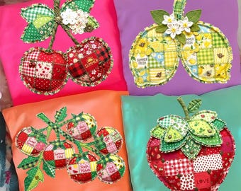 Pacote de estampas PNG de frutas em patchwork: morango, cereja, tomate e limão para camisetas (download digital).