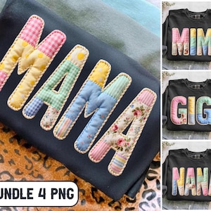 Op de afbeelding: Zwart sweatshirt met het woord "MAMA" in kleurrijke patchworkstof. De letters zijn omrand met een crème kleurige steek. Extra sweatshirts met "MIMI", "GIGI" en "NANA" worden ook getoond.