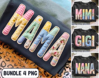 Pacote de letras PNG para patchwork com nomes, palavras do alfabeto em tecido: Mamãe, Gigi, Mimi, Nana (Download digital)