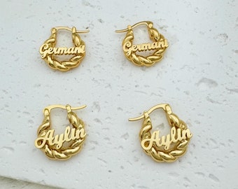 Custom Kids Name Earrings,Gold Twist Hoops,Mini Hoop Earrings,Personalized Earrings,Earrings For Women,Name Plate Jewelry,Christmas Gifts