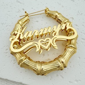 Custom Bamboo Name Earrings,18K Gold Plated Name Earrings,Personalized Earrings,Custom Name Hoops,Big Hoop Earrings,Name Jewelry,Mom Gifts