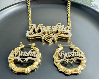 Personalized Name Necklace & Bamboo Hoop Earring Set, Custom Jewelry, Gold Hoops, Bling Necklace