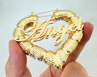 18K Gold Heart Bamboo Name Hoop Earrings: Personalized Jewelry, Custome Nameplate, Birthday Gifts