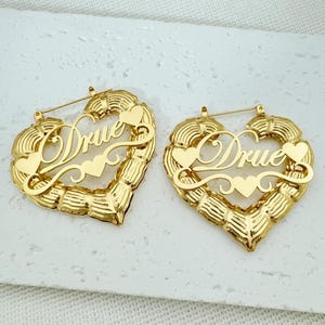 Custom Heart Bamboo Earrings,Name Earrings Hoops,Personalized Earring,Gold Earrings,Handmade Personalized Gold Hoops,Christmas Jewelry Gifts