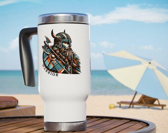 Stainless Steel Travel Mug, Viking Warrior Design, Gift for Norse Mythology Fans, Insulated Coffee Cup, Drinkware, Birthday Present,