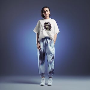 May include: A white t-shirt with a graphic of a woman with an afro and the word "Self" printed on the front. The model is wearing blue tie-dye sweatpants and white sneakers.