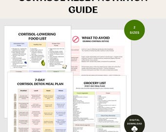 May include: A digital nutrition guide titled "Cortisol Reset Nutrition Guide" with detailed food lists, meal plans, and a grocery list. The guide includes sections on what to avoid and is available in two sizes. A digital download is available.