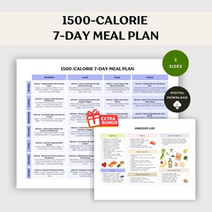 1500 Calories Diet Plan Food Chart | Weekly Low Calorie Food Planner, 1500 Calories Diet Food List, Weekly Meal Prep, Grocery List Printable